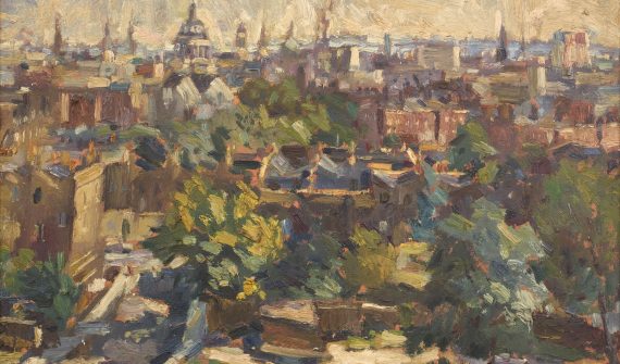 Cyril Mann (British 1911-1980) St Pauls from Bevan Court, 1961, oil on board © The Artist courtesy of Piano Nobile